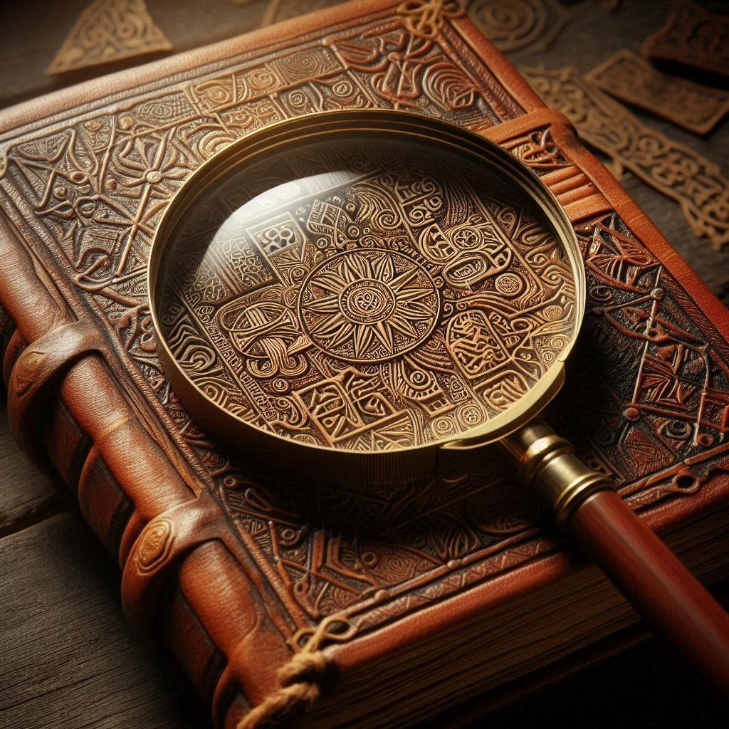 Magnifying glass on an ornately carved, leather-bound book with intricate patterns and designs.