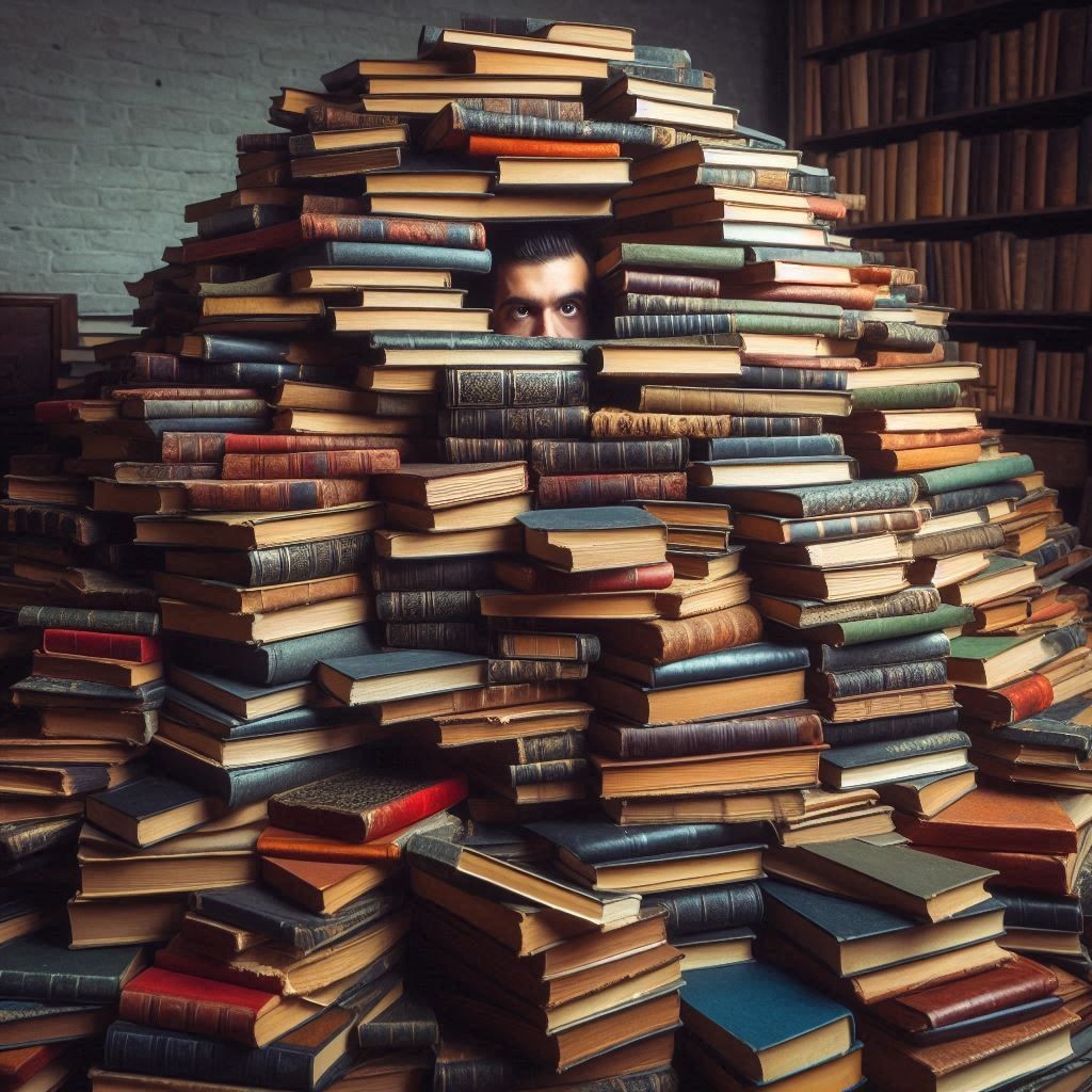 Person partially hidden behind a large stack of old books in a library setting.